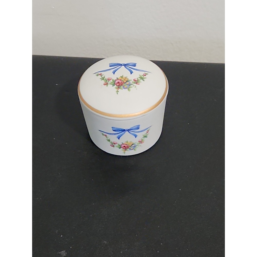 Limoges France Porcelain Round Trinket Box Blue Bow Flower Garland Gold Trim